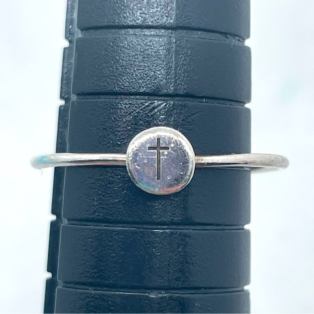 Dainty Cross Ring Silver Tone Metal About 6.75